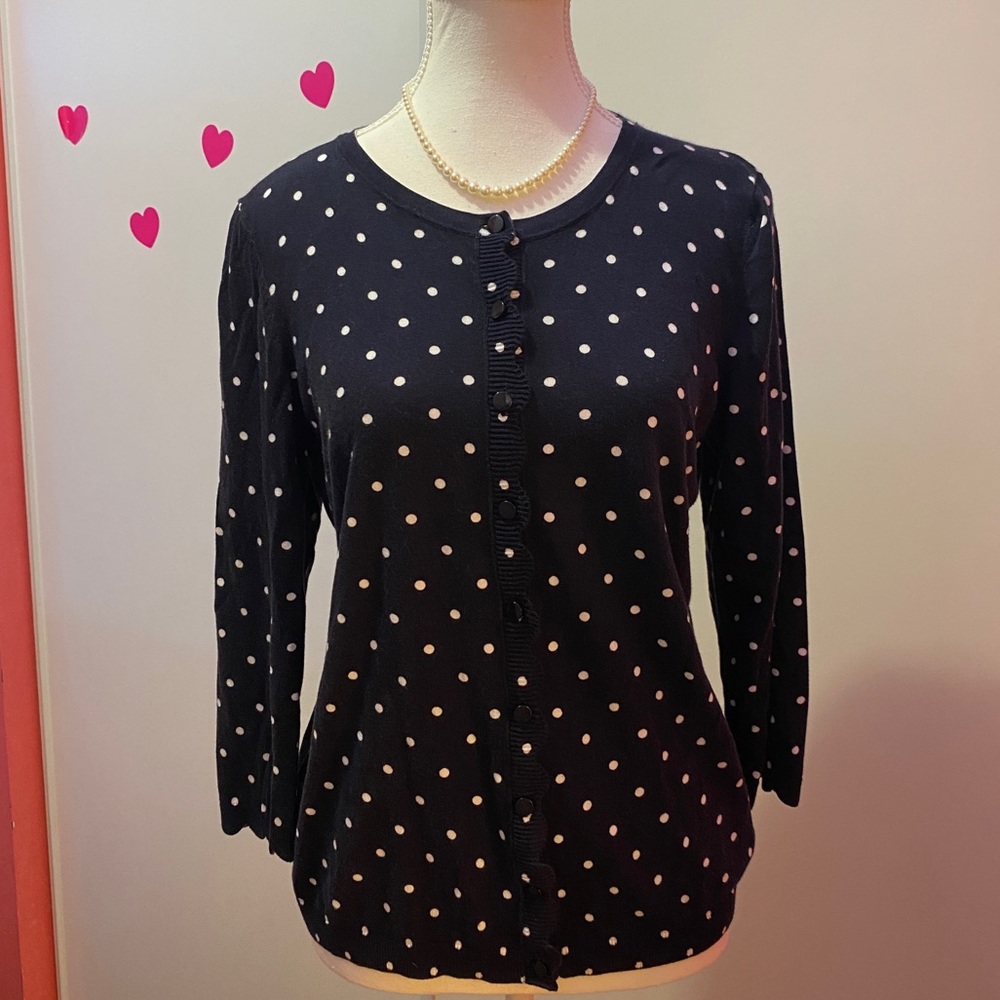 Talbots Navy Polka Dot Scalloped Cardigan